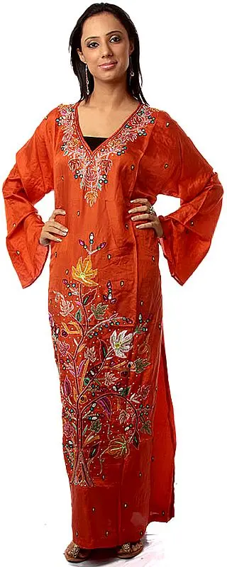 Orange Kashmiri Kaftan with Embroidery and Beadwork