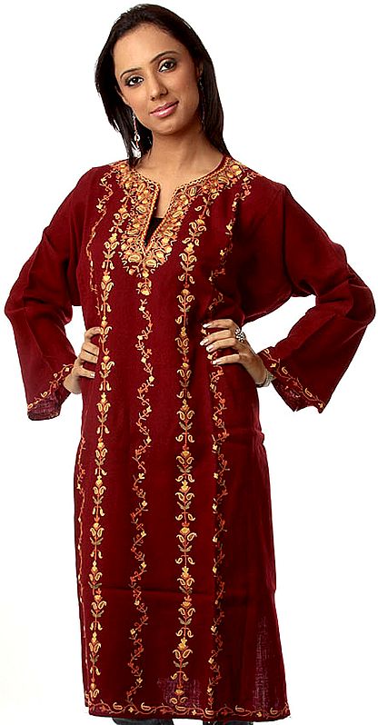 Maroon Kashmiri Phiran with Embroidered Paisleys by Hand