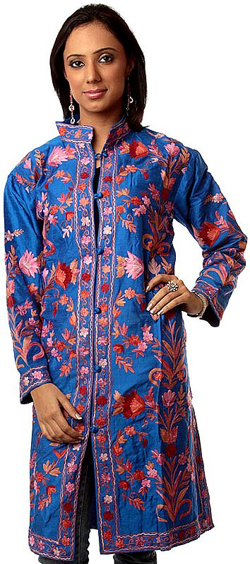 Persian-Blue Long Silk Jacket with Embroidered Flowers All-Over
