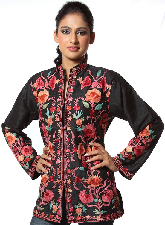 Black Kashmiri Jacket with Crewel Embroidered Flowers