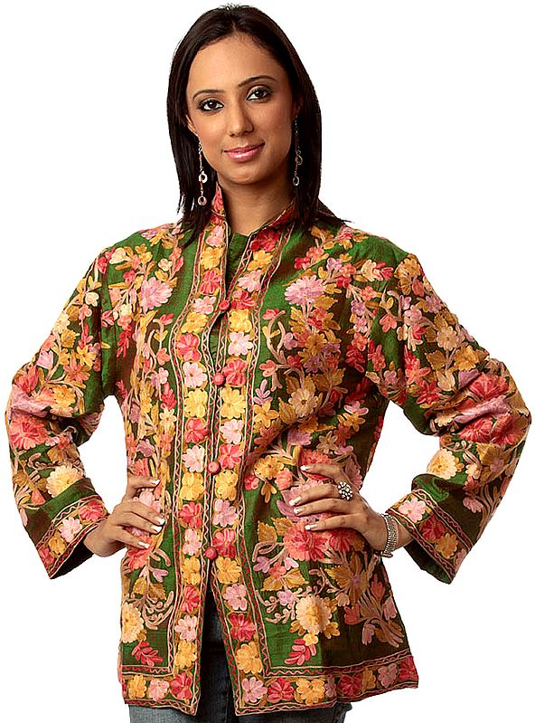 Green Kashmiri Jacket with Densely Embroidered Flowers