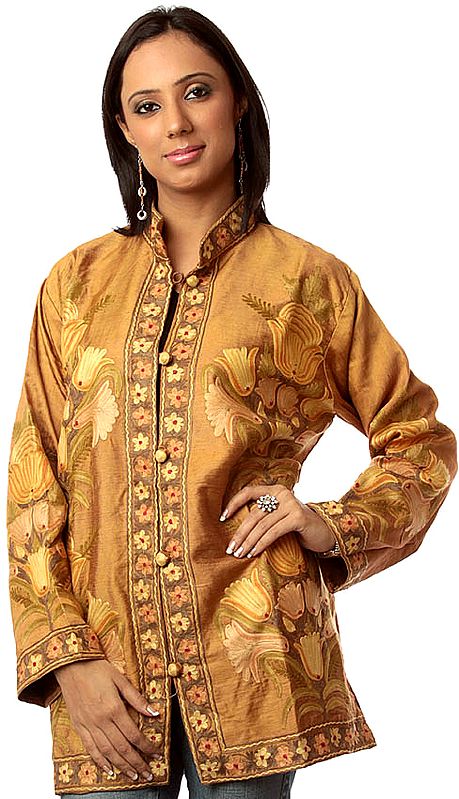 Ochre Kashmiri Jacket with Embroidered Tulips