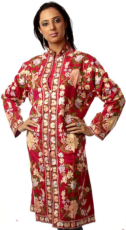 Raspberry-Wine Long Silk Jacket with Aari Embroidered Flowers All-Over