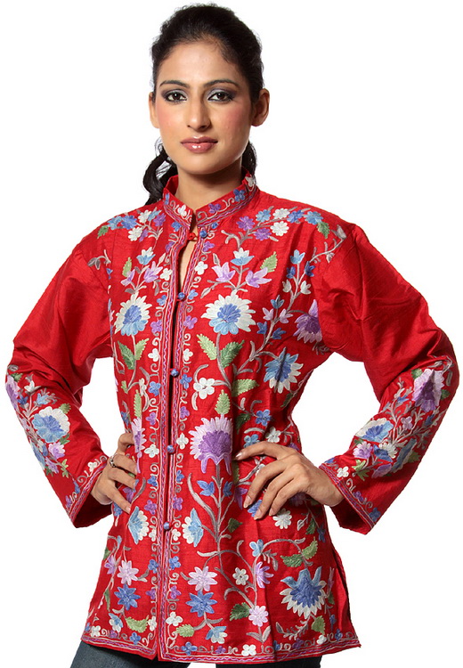 Red Jacket from Kashmir with Aari Embroidered Flowers