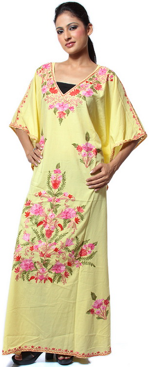 Powder Yellow V-Neck Kaftan from Kashmir with Aari Embroidered Flowers