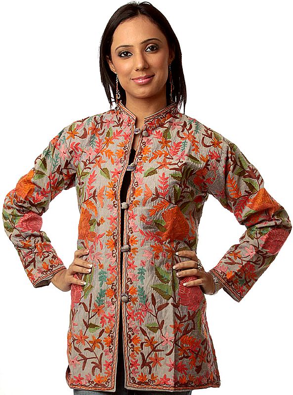 Gray Kashmiri Jacket with Embroidered Flowers in Multi-Colored Threads