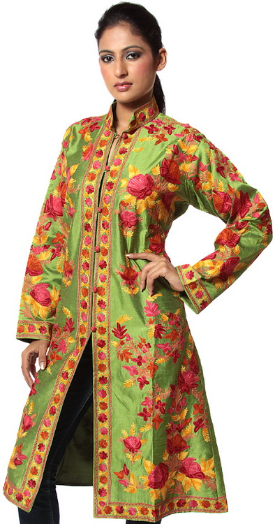 Leaf-Green Long Silk Jacket with Large Embroidered Flowers All-Over
