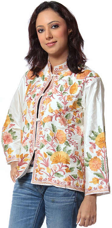 Ivory Jacket from Kashmir with Aari Embroidered Flowers