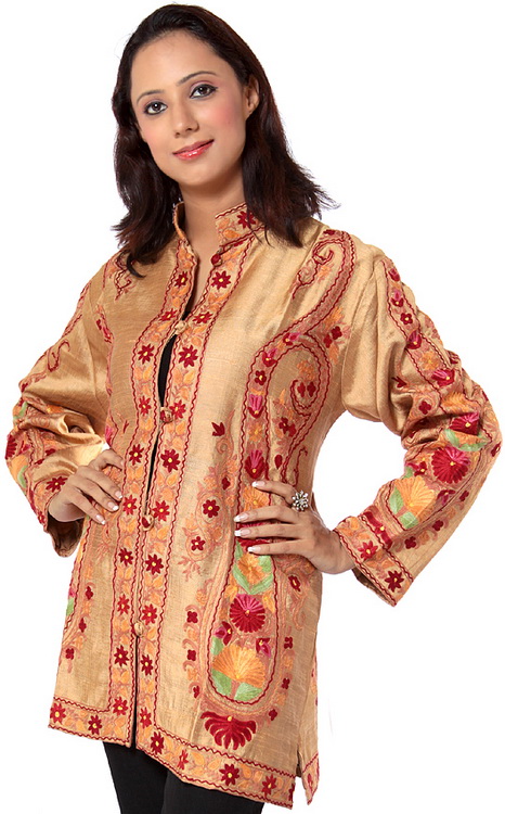 Light-Brown Kashmiri Jacket with Embroidered Paisleys