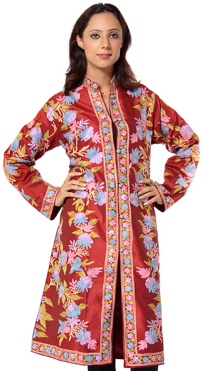 Burgundy Long Silk Jacket with Embroidered Flowers All-Over