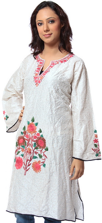 Ivory Kashmiri Kurti Top with Crewel Embroidery All-Over