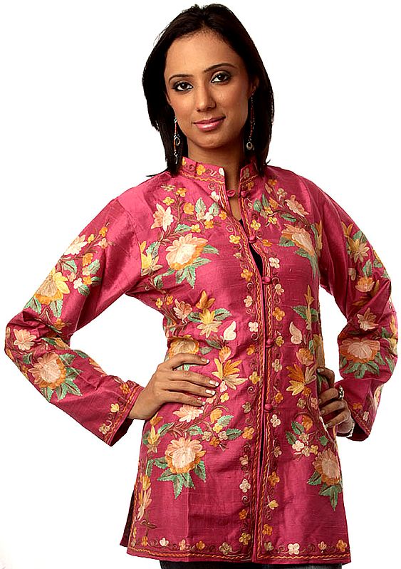 Fuchsia-Rose Kashmiri Jacket with Embroidered Flowers