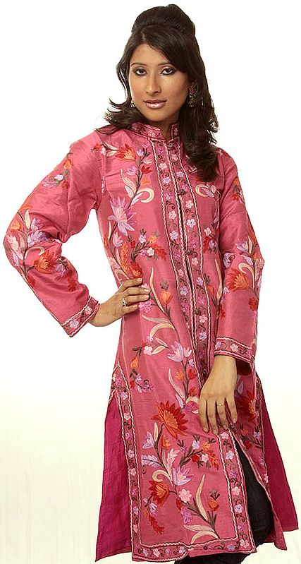 Hot Pink Long Silk Jacket with Embroidered Flowers All-Over