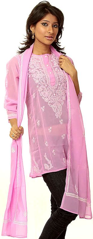 Mauve Chikan Embroidered Kurti Top with Stole