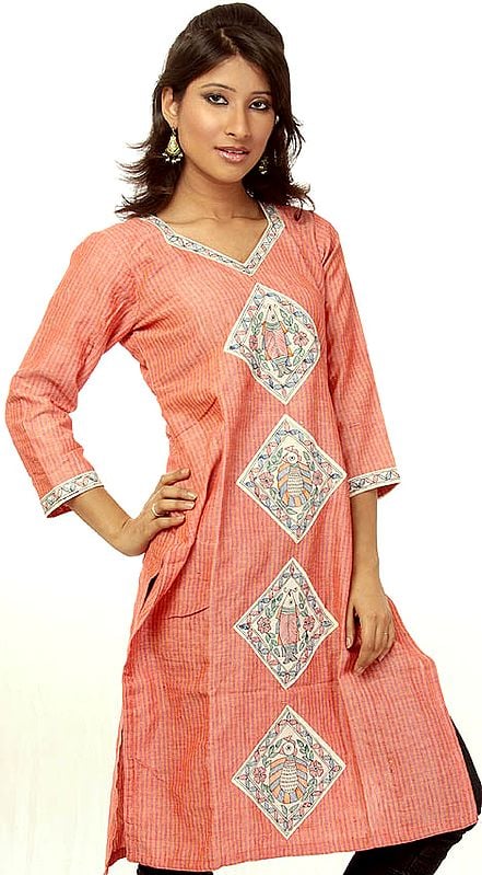 Coral Kurti from Bihar with Hand-Painted Madhubani Patchwork