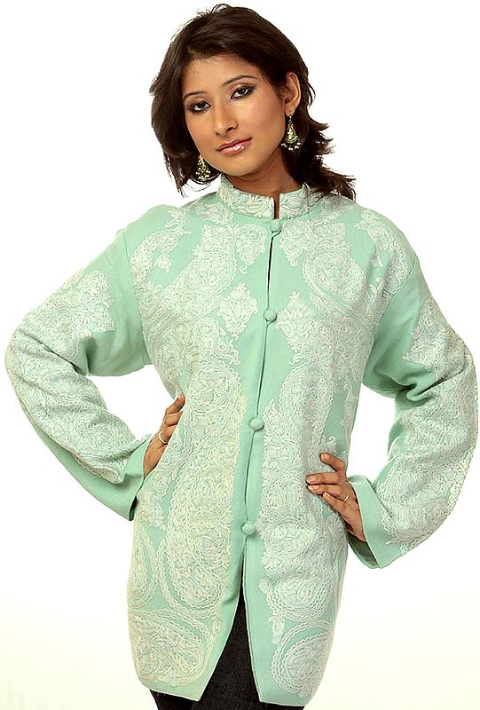 Jade-Green Kashmiri Jacket with Hand-Embroidered Paisleys