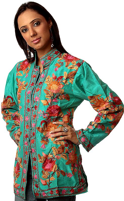 Emerald-Green Kashmiri Jacket with Embroidered Flowers