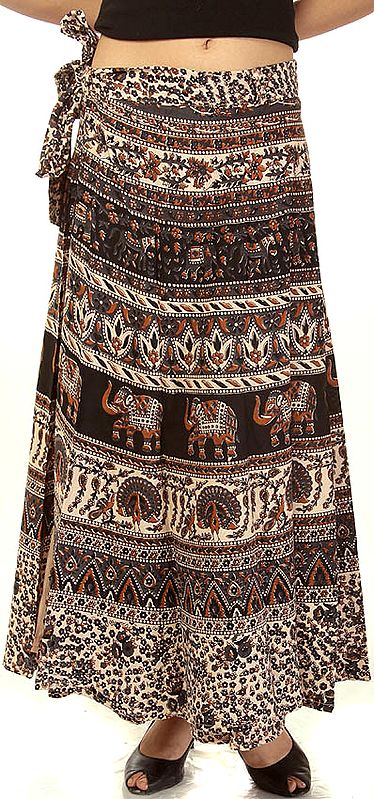 Brown and Black Sanganeri Wrap-Around Skirt with Printed Elephants