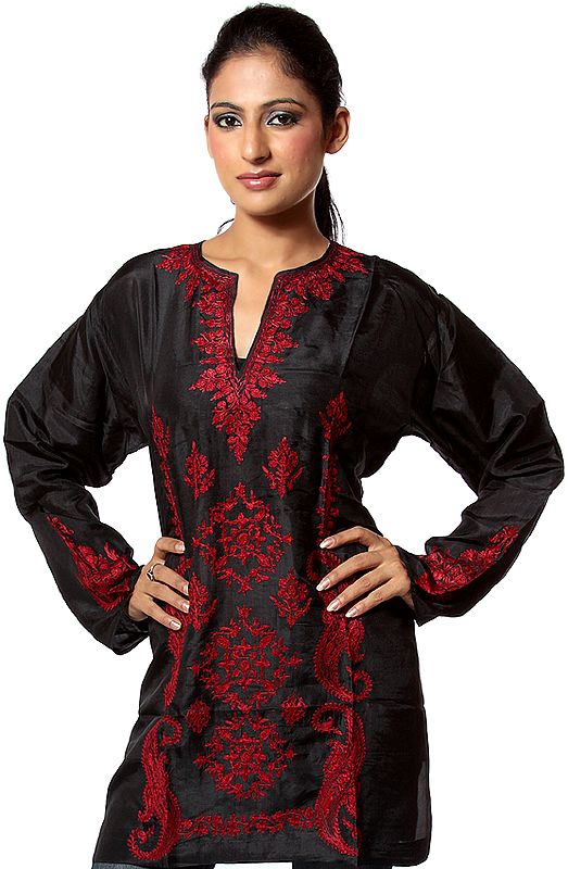 Black Kashmiri Kurti Top with Aari Embroidery in Red