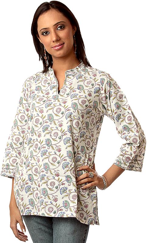 White Floral Printed Kurti from Ranthambore with Sequins
