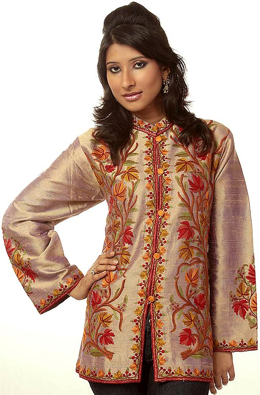 Khaki Jacket from Kashmir with Crewel Embroidered Chinar Leaves by Hand