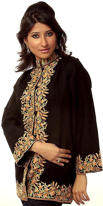 Black Kashmiri Jacket with Hand-Embroidered Floral Border