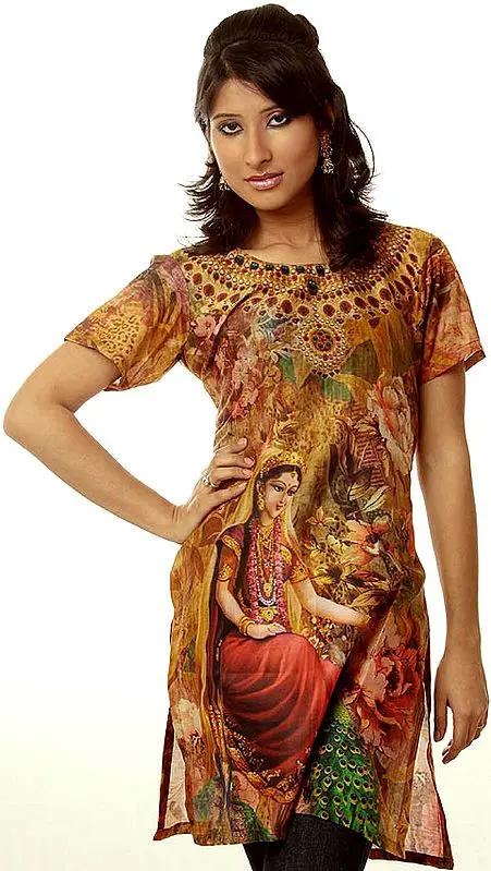 Mustard Kurti with Printed Hindu Lady