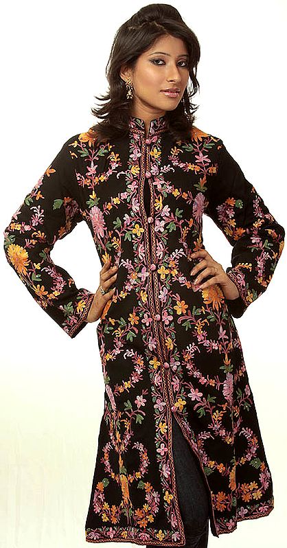 Black Long Kashmiri Jacket with All-Over Flower Embroidery and Sequins