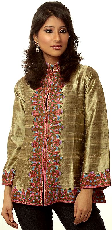 Beige Jacket from Kashmir with Crewel Embroidered Paisleys by Hand