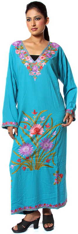 Robin-Egg Blue V-Neck Kaftan from Kashmir with Aari Embroidery