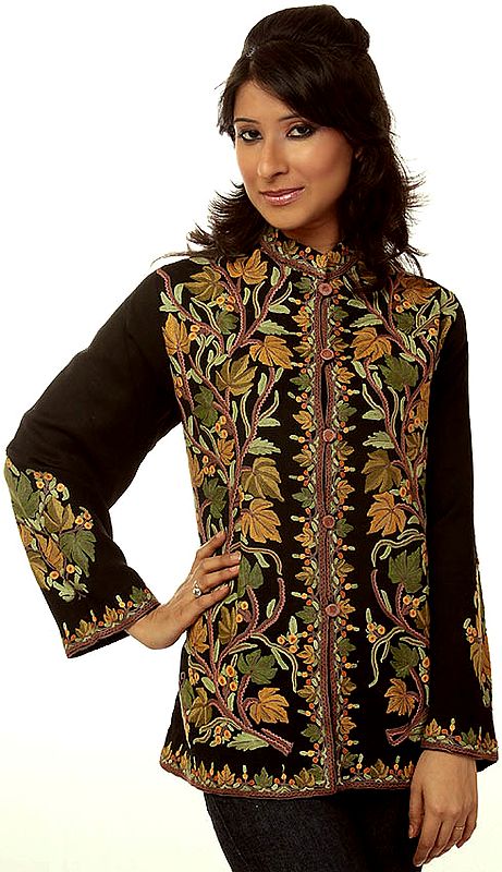 Black Kashmiri Jacket with Hand-Embroidered Chinar Leaves