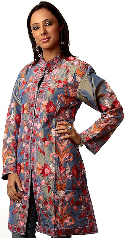 Blue-Shadow Long Silk Jacket with Embroidered Flowers All-Over