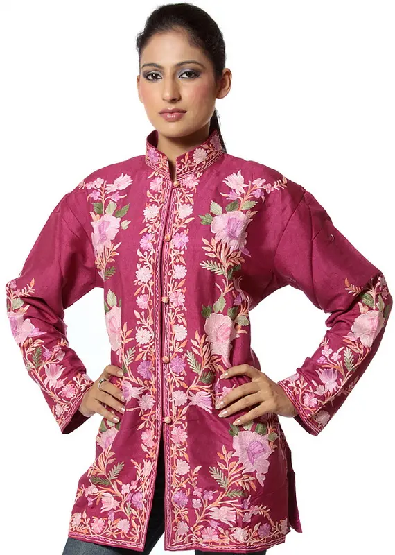 Purple Kashmiri Jacket with Embroidered Flowers