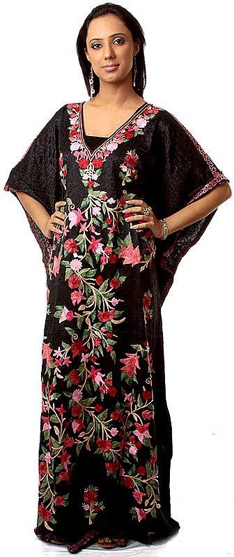 Black Kashmiri Kaftan with Flowers and All-Over Embroidery in Self