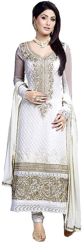 Star-White Long Choodidaar Wedding Suit with Aari Embroidery in Golden Thread