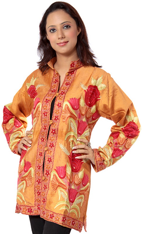 Ochre Kashmiri Jacket with Large Embroidered Flowers