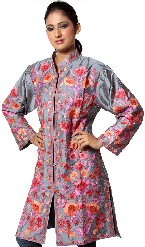 Gray Long Silk Jacket with Embroidered Flowers All-Over
