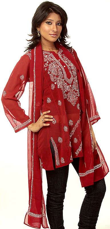 Maroon Chikan Embroidered Kurti Top with Stole