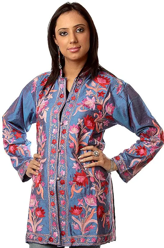 Cobalt-Blue Kashmiri Jacket with Embroidered Flowers