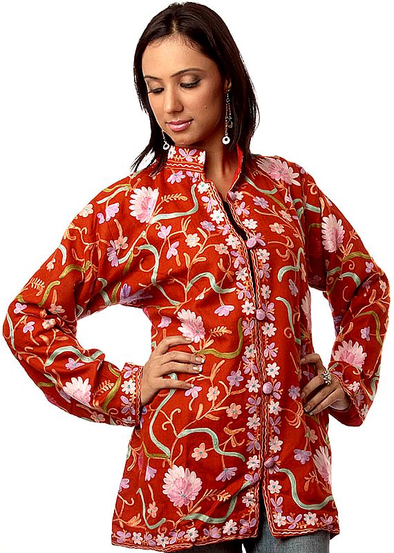 Rust Kashmiri Jacket with Aari-Embroidered Flowers