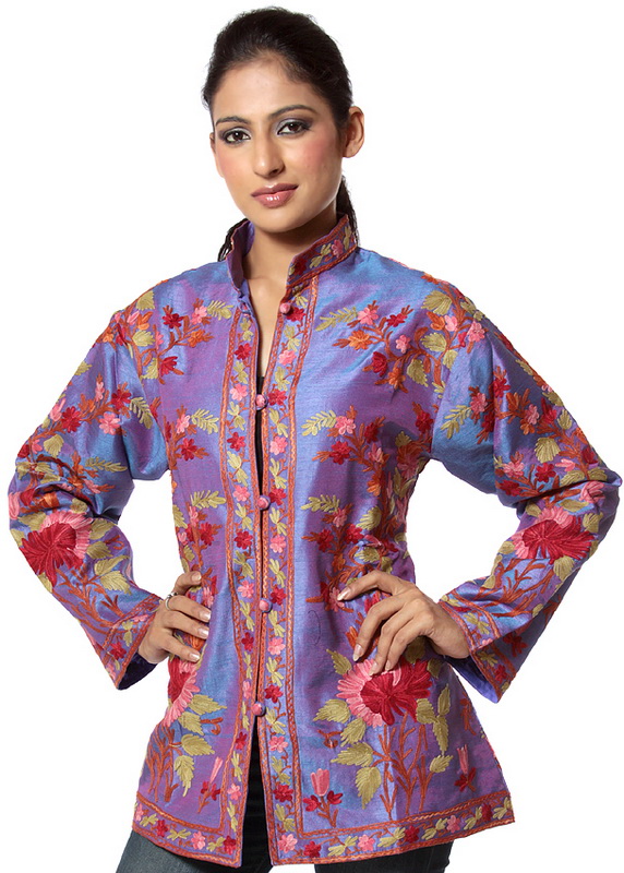 Twilight-Purple Kashmiri Jacket with Floral Embroidery