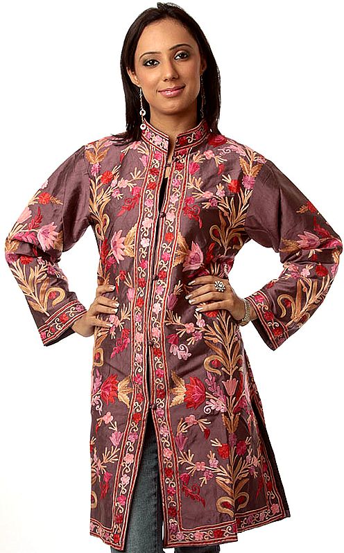 Chestnut Long Silk Jacket with Embroidered Flowers All-Over