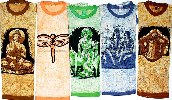 Lot of Five Batik T-Shirts with Hindu Deities