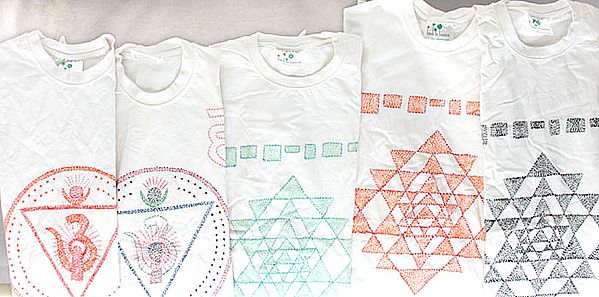 Lot of White T-Shirts with Embroidered Hindu Symbols (Including the Shri Yantra)
