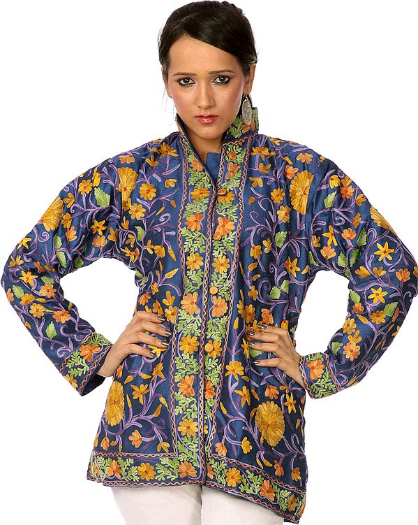 Navy-Blue Kashmiri Jacket with Embroidered Flowers