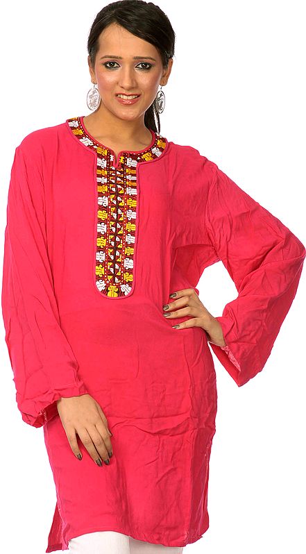 Fuchsia Tunic Top from Afghanistan with Crewel Embroidery