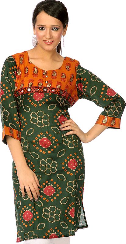 Green Bandhej Printed Kurti from Gujarat with Mirrors