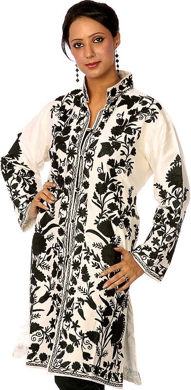 Ivory and Black Long Silk Jacket with Crewel Embroidered Flowers All-Over