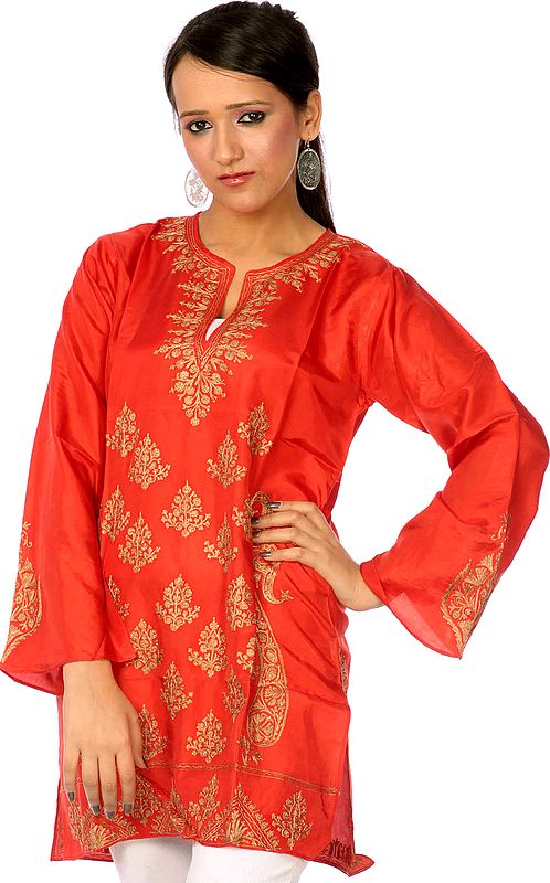 Red Kashmiri Kurti Top with Aari Embroidery