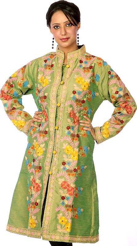Sage Green Long Silk Jacket with Multi-Colored Embroidered Flowers All-Over